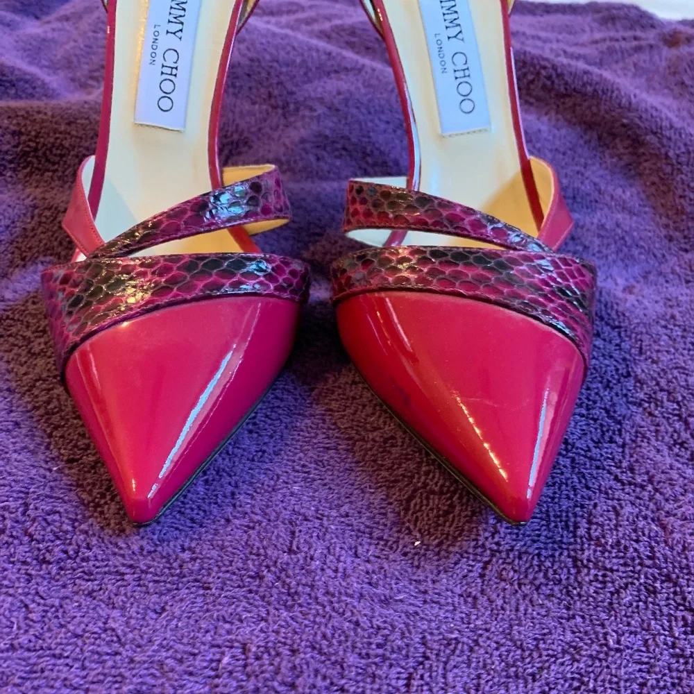 NWOB Jimmy Choo Pink/Black Snakeprint Patent Leather Dorsey Pumps sz 38.5